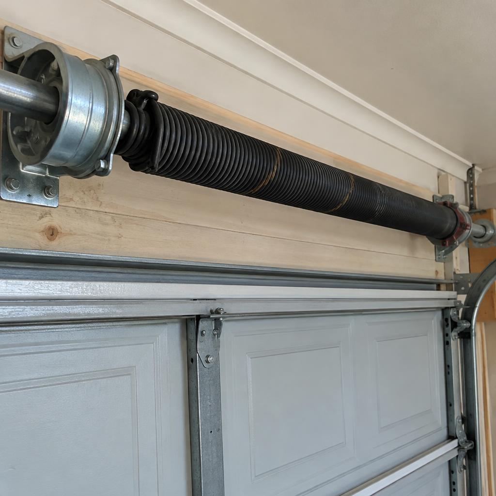 Close-up of a garage door torsion spring on the shaft above a sectional door