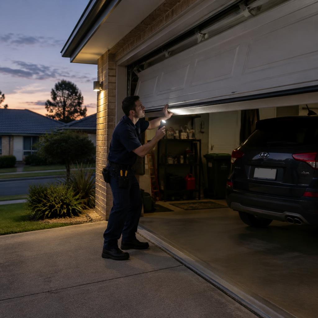 Emergency technician freeing a jammed garage door with a car inside at dusk