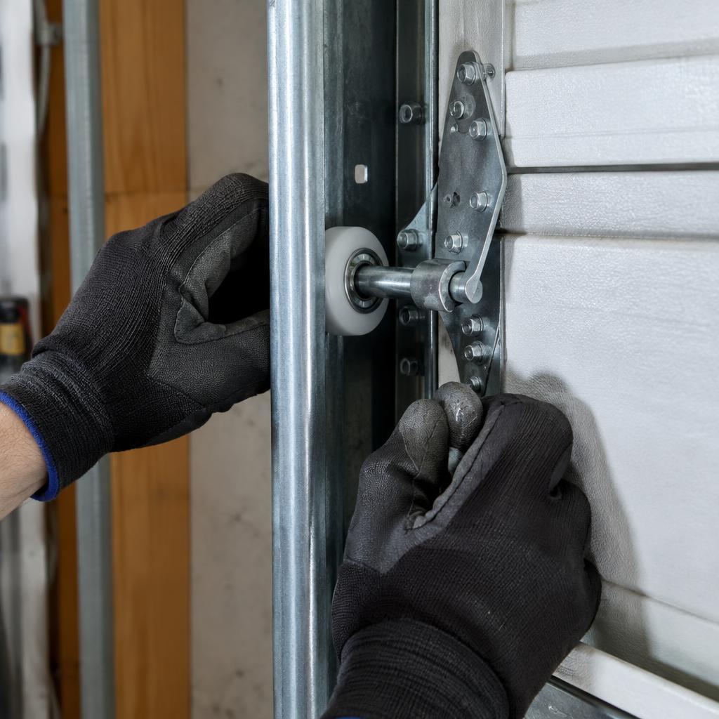 Technician realigning a garage door roller in a steel track