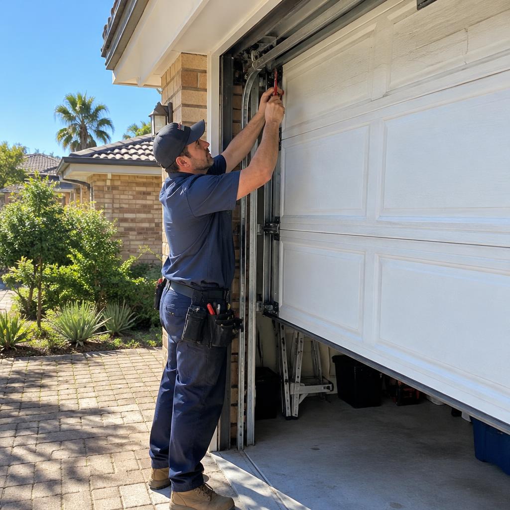 Technician repairing a sectional garage door at a Perth home