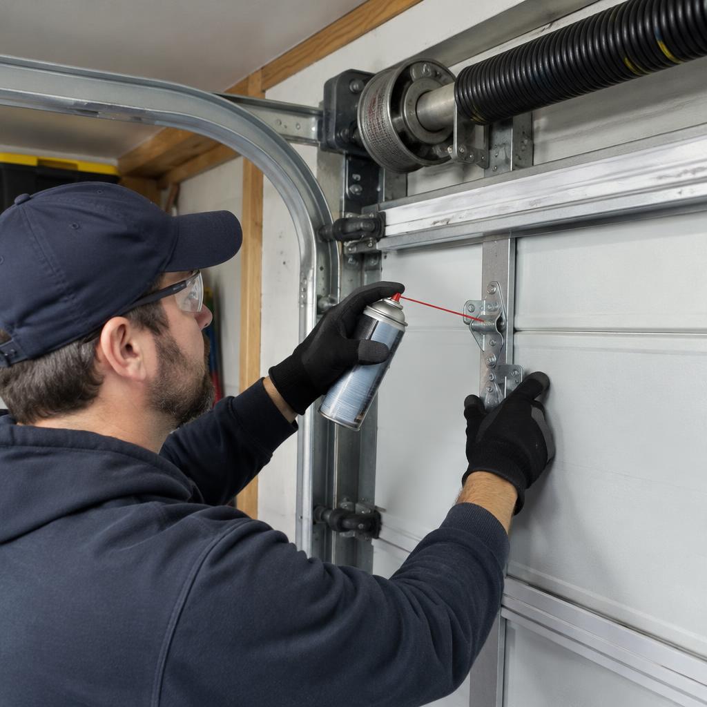 Technician checking garage door balance and hardware