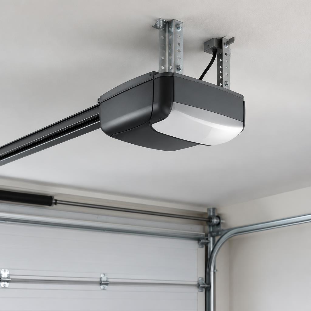 Modern quiet belt-drive garage door motor unit on a garage ceiling