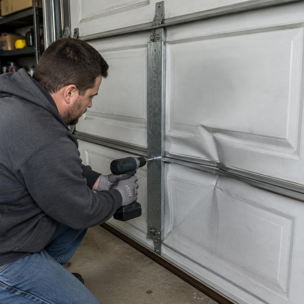 Technician reinforcing a dented sectional garage door panel with a steel strut